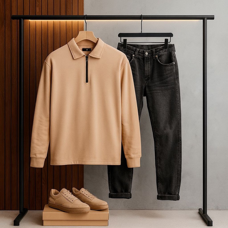 بلوز مردانه نیم زیپ آستین بلند کرم مدل FARBOD