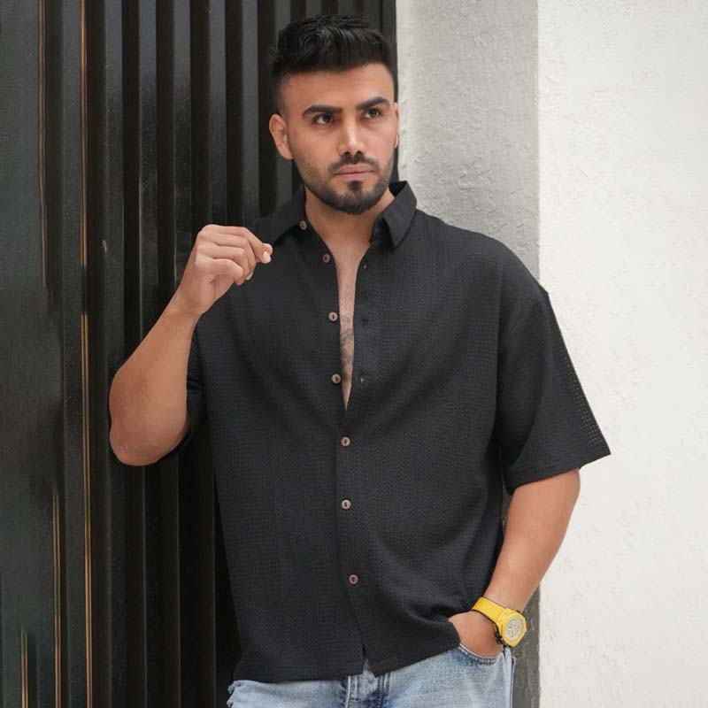 پیراهن مردانه باکسی سوزنی مشکی