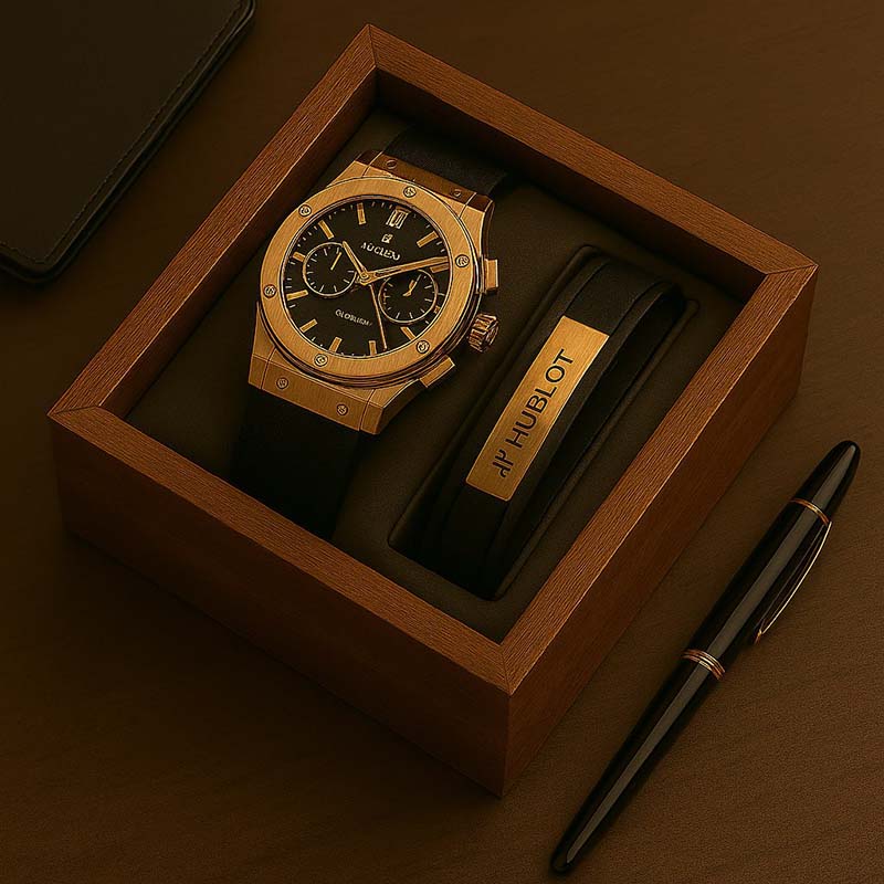 پکیج دستبند پلاک دارساعت مچی Hublot طلایی مدل C70